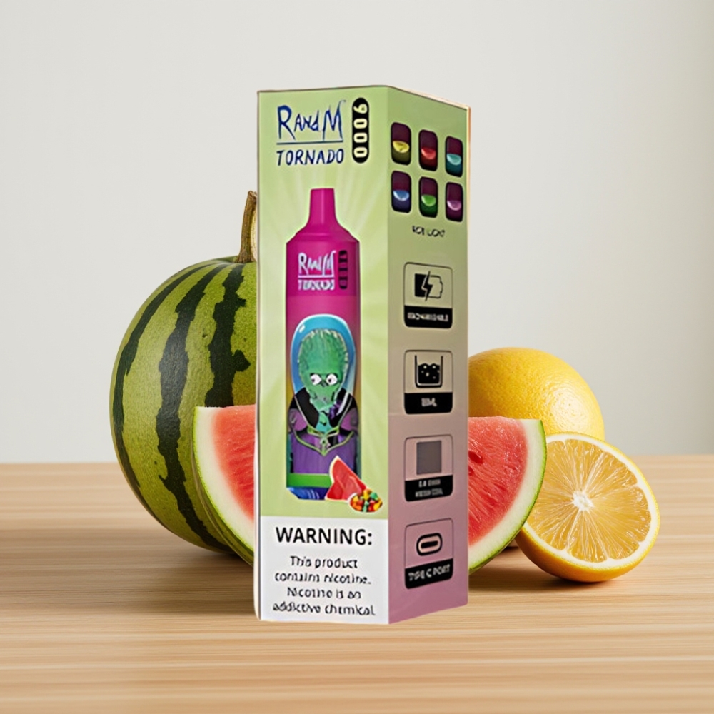 RandM Tornado 9000 Puffs 850mAh 18mL Mrežasti Coil RGB Display Lubenica Bubble Gum