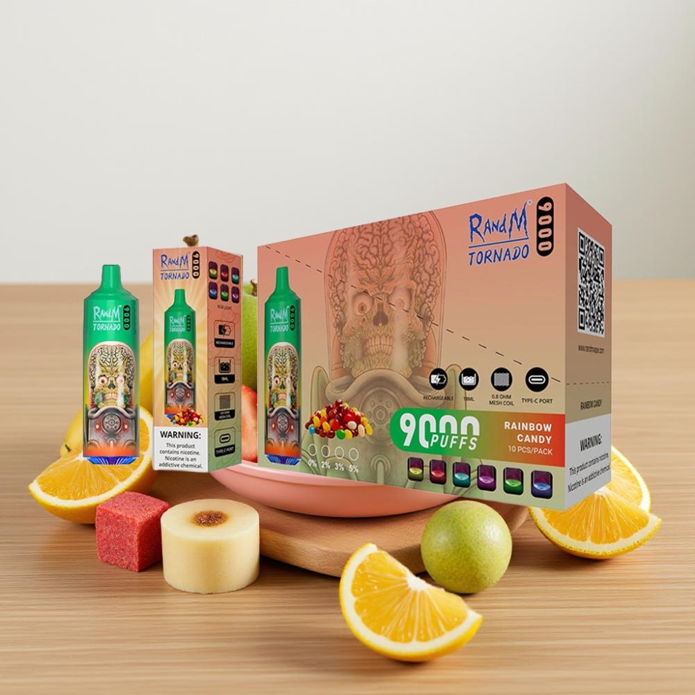 RandM Tornado 9000 Pufova - 850 mAh Baterija, 18 mL Tečnost, Mrežasti Kalem, Duga Bombona